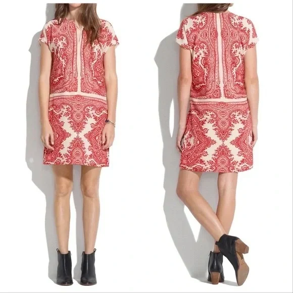 EUC *Madewell* Women's 100% Silk Tan Red Paisley Print Tunic Dress S - Picture 4 of 4